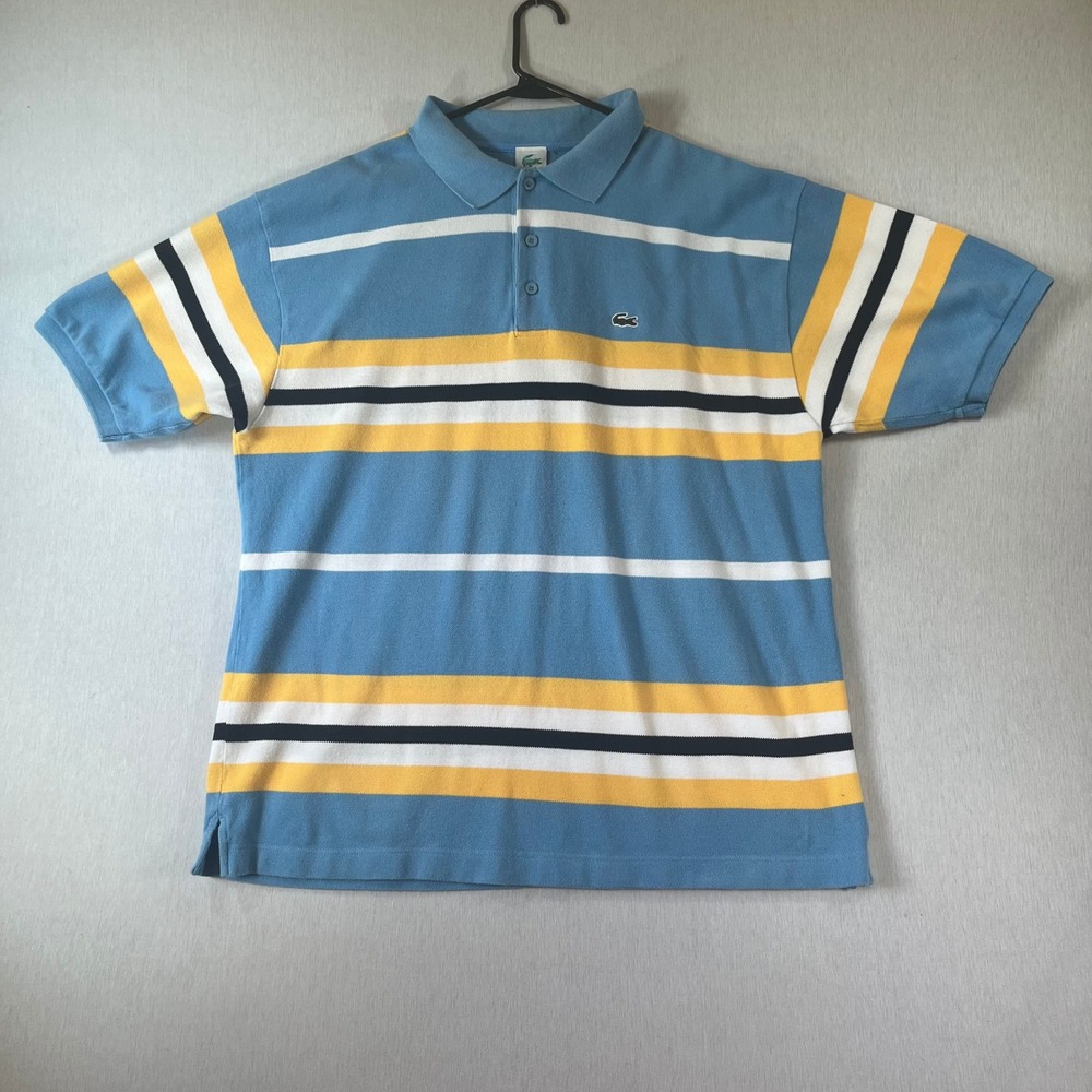 Vintage Lacoste Polo Mens 4X Blue Yellow Striped Short Sleeve Cotton Y2K